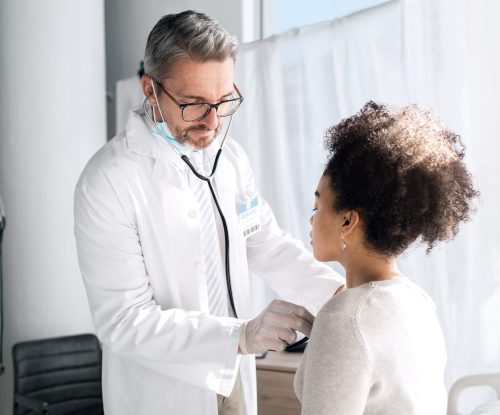 Stethoscope, people and doctor listen to patient heartbeat, breathing or help with asma lung virus, tuberculosis or health test. Hospital, cardiology and nurse support on asthma, disease or diagnosis.